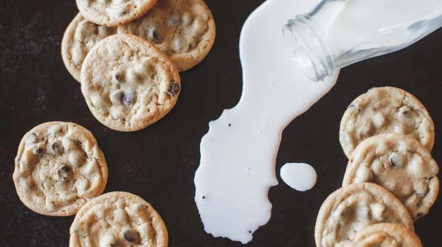 spilled milk among chocolate chip cookies