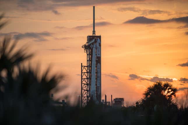 The Falcon 9 rocket with CrewDragon atop in preparation for Friday’s scheduled launch.