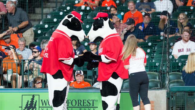 Two Chick-Fil-A cows huddle closely at a baseball game