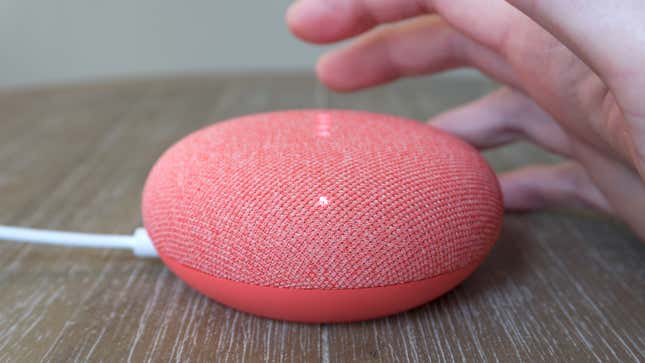 Two additional LEDs illuminate on either side of the Nest Mini when a hand gets near, indicating where a user can tap to make manual volume adjustments.