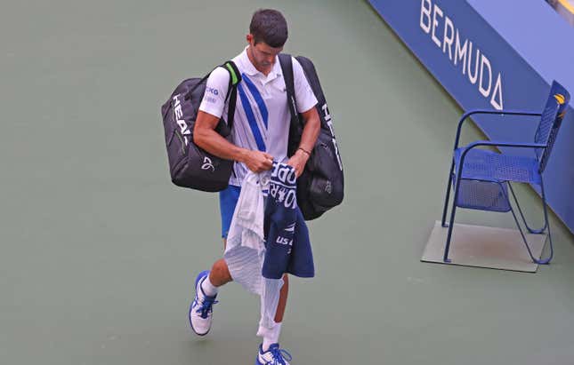 Novak Djokovic leaves the 2020 US Open after being disqualified for hitting a linesperson with a ball.
