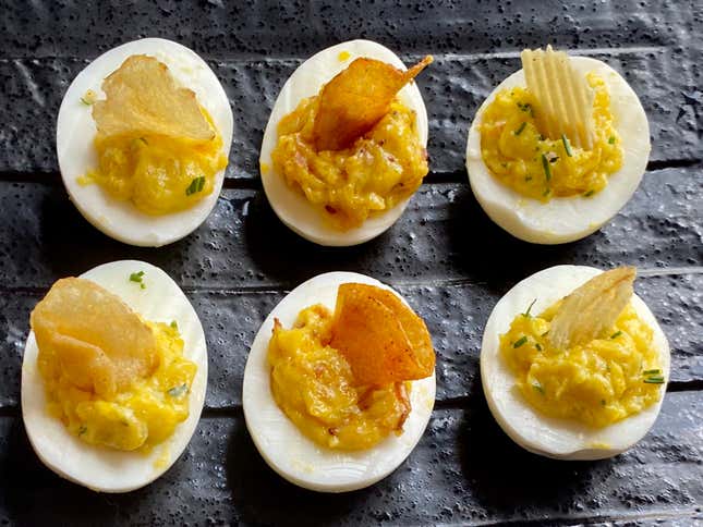 Potato herb, bourbon bacon BBQ, and sour cream & chive deviled eggs