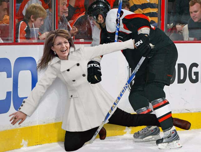 Image for article titled Flyers Defenseman Ceremonially Checks Sarah Palin Into Boards