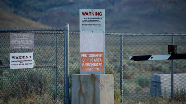 A warning sign outside the Nevada Test and Training Range, a U.S. Air Force base that hosts the highly classified military installation known as Area 51, believed to be a U.S. experimental weapons test site and a common point of fixation for pop culture and UFO enthusiasts.