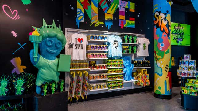 A view of the Sour Patch Kids Store in NYC, where the superior blue Sour Patch Kid has rightfully been selected to portray the Statue Of Liberty