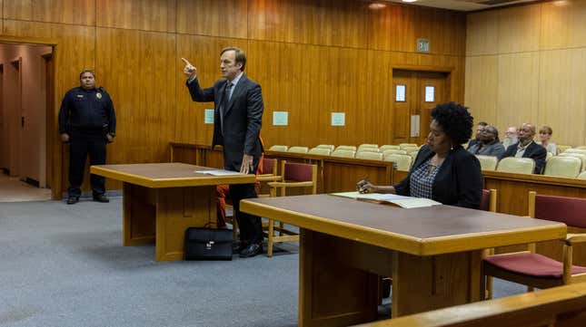 Justice matters most? Or just make money? Bob Odenkirk as Saul Goodman, Saidah Arrika Ekulona as ADA Gina Khalil