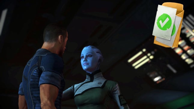 Le commandant Shepard et Liara s'embrassent alors que le symbole quotidien de Fortnite est montré dans le coin.