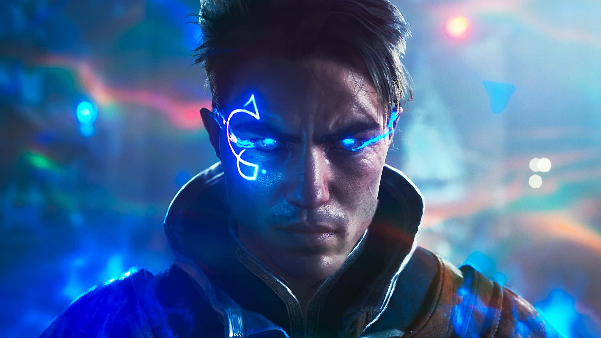 One image shows a CG man with a glowing blue tattoo on his face. 