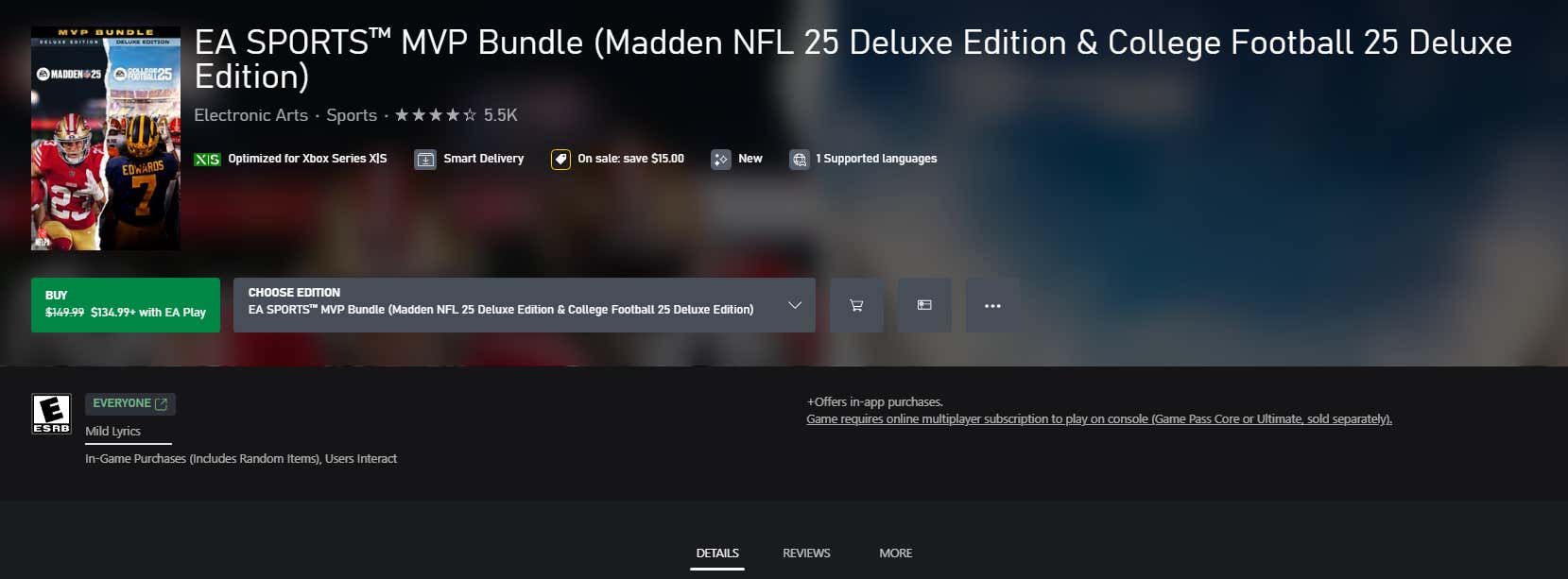 Une capture d'écran montre la page de la boutique Xbox pour le pack College Football / Madden.