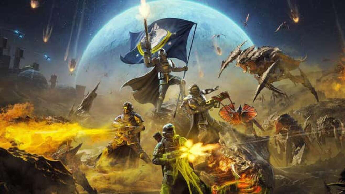 A ⁤Helldiver raises a flag after the victory.