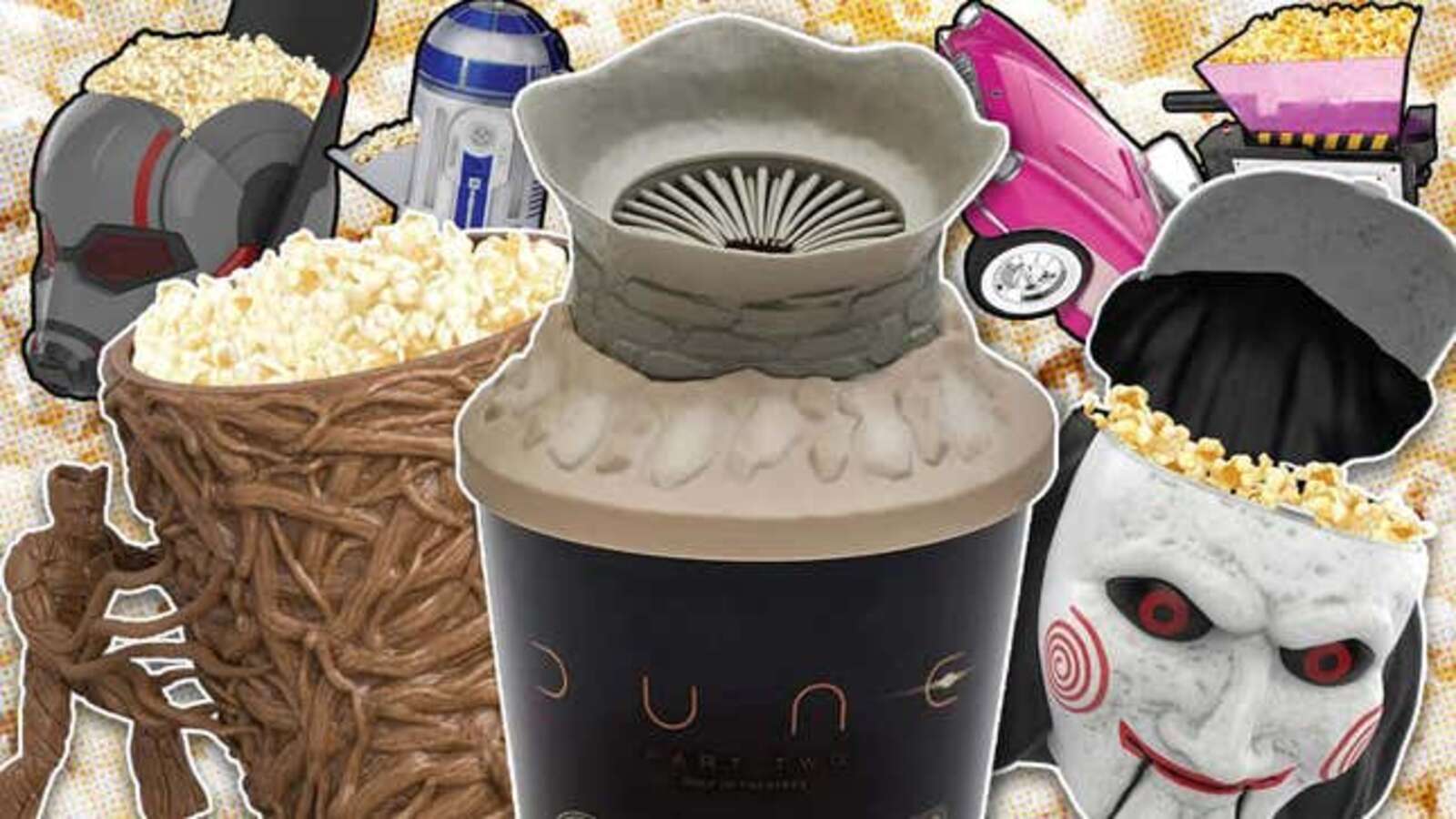 Collage of‌ tie-in popcorn buckets: Dune, Saw⁣ X, Barbie, Ghostbusters, Ant-Man, Guardians ⁣of the Galaxy, Star​ Wars.