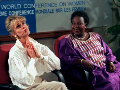 Gender was a hot topic at the UN’s fourth world conference on Women held in Beijing in 1995, and attended by politicians such as Tanzania’s Gertrude Mongella, right, and actress and women’s rights activist Jane Fonda (left)