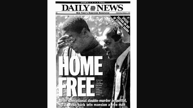 Daily News front page dated Oct. 4, 1995, Headlines: HOME FREE, After senational double-murder acquittal O.J. walks back into mansion a free man., Al Cowlings, left, and unidentified man, flank O.J. as he walks around his Brentwood estate.