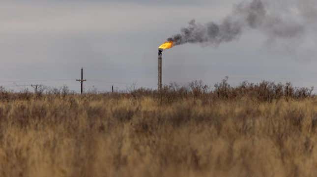 A natural gas flare stack at an oil well in Midland, Texas on April 4, 2022. 