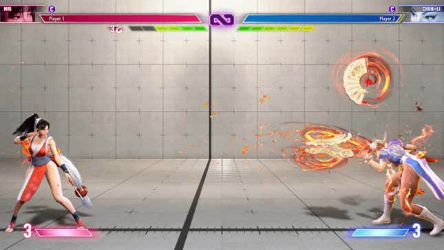 Mai stands in a fighting stance after throwing multiple flaming fan projectiles at Chun-Li.