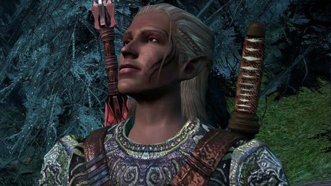 Zevran looks at something off-screen.