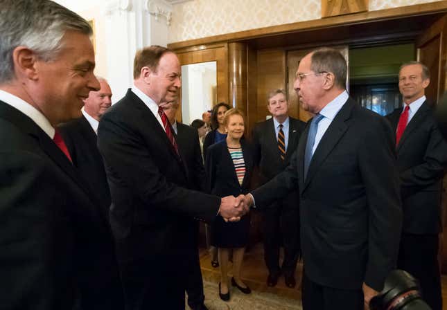 Russian Foreign Minister Sergey Lavrov greets senator Richard Shelby.