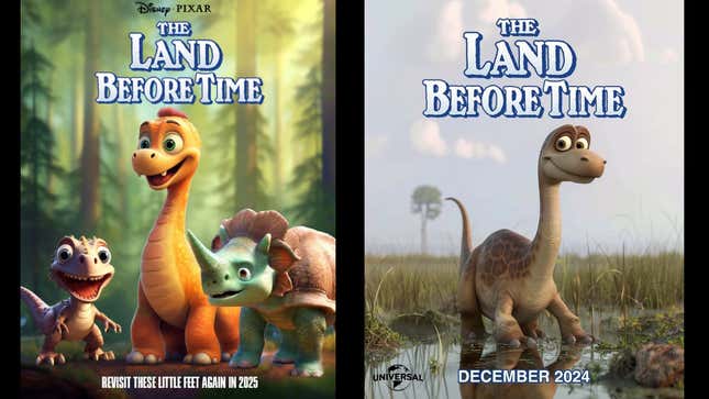 Fake movie posters for a remake of The Land Before Time, falsely billed as upcoming releases from Universal and Disney/Pixar respectively.