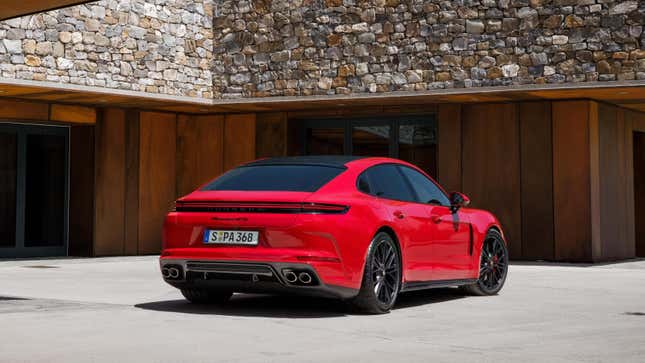 Rear 3/4 view of the red Porsche Panamera GTS