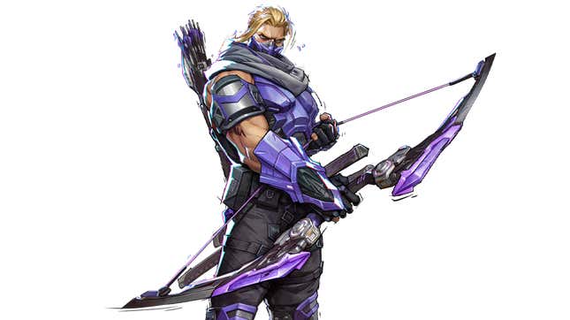 Hawkeye stands with his bow in hand, pulling the string slightly.