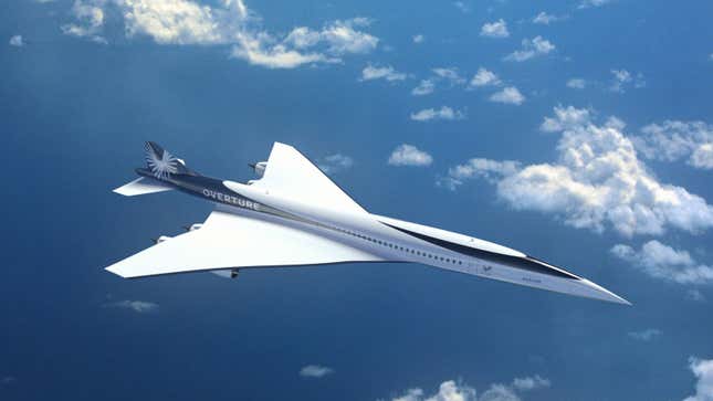 A render of a Boom supersonic jet flying in the sky. 