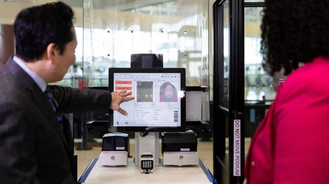 TSA’s Identity Management  Capabilities Manager Jason Lim demonstrates facial recognition  technology at a Baltimore-Washington International Thurgood Marshall  Airport on April 26, 2023, in Glen Burnie,  MD.