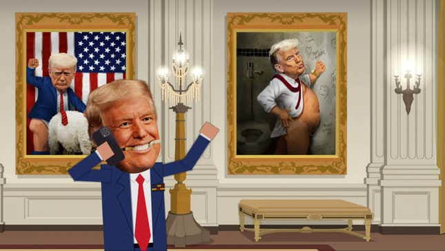 Trump on the phone, in front of painting sof him in unflattering poses.