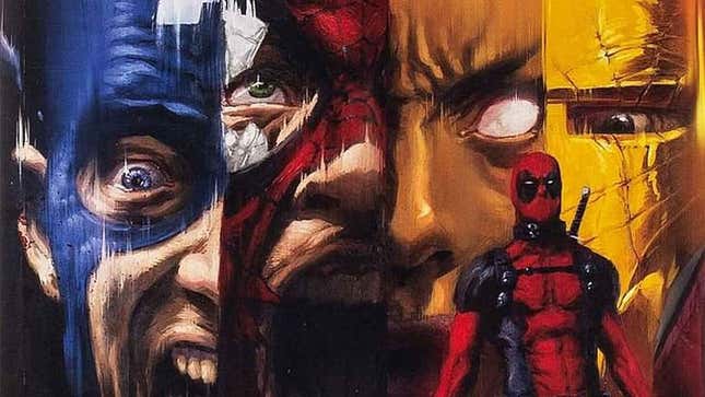 Deadpool stands before the screaming faces of Marvel heroes