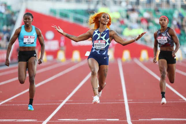 Sha’Carri Richardson reacts after competing in the first round of the Women’s 100 Meter during day one of the 2020 U.S. Olympic Track &amp; Field Team Trials at Hayward Field on June 18, 2021, in Eugene, Oregon.