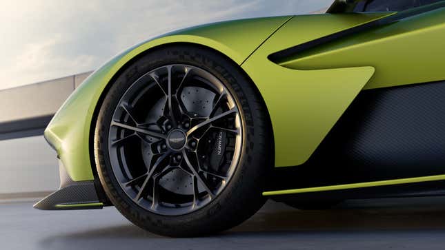 Front wheel of a green Aston Martin Valhalla