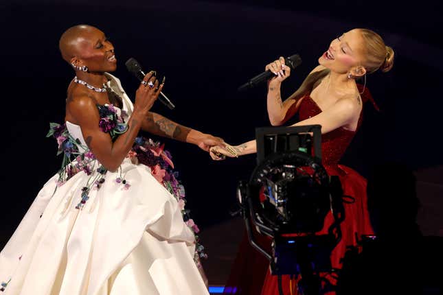 HOLLYWOOD, CALIFORNIA - MARCH 02: (L-R) Cynthia Erivo and Ariana Grande perform onstage during the 97th Annual Oscars at Dolby Theatre on March 02, 2025 in Hollywood, California.