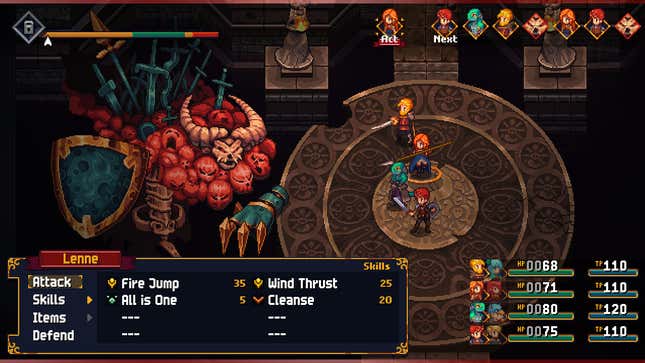 Pixel sprites fight a monster in a turn-based battle. 
