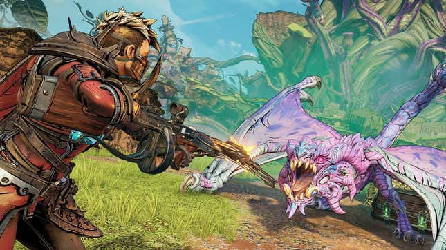 A Tiny Tina's Wonderland hero faces a dragon with a crossbow. 