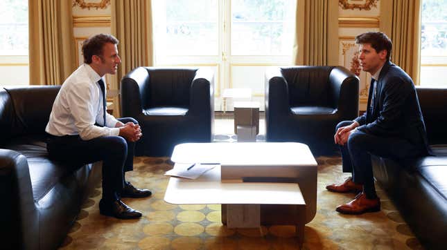 France's President Emmanuel Macron (L) meets with OpenAI CEO Sam Altman (R) at the Elysee Palace in Paris, on May 23, 2023.