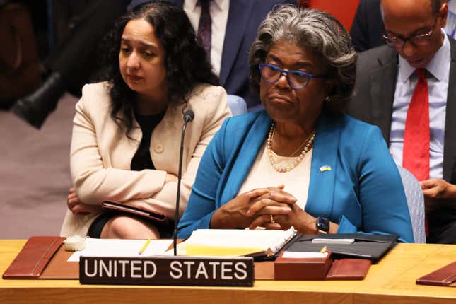 NEW YORK, NEW YORK - APRIL 24: U.S. Representative to the United Nations Ambassador Linda Thomas-Greenfield listens as Russian Foreign Minister and Security Council Acting President for the month of April Sergey Lavrov speaks during a Security Council meeting at the United Nations headquarters on April 24, 2023 in New York City.