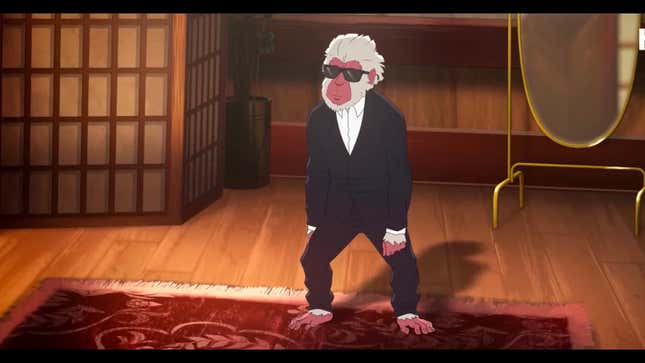 Hit-Monkey stands on a red rug in a suit and sunglasses.