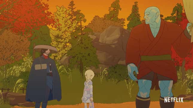 The animated ronin Izou (Simu Liu, left), a young Elven girl, Sonya (Yuzu Harada, center) and a large Orc named Raiden (Fred Mancuso, right) wander along an autumnal road.
