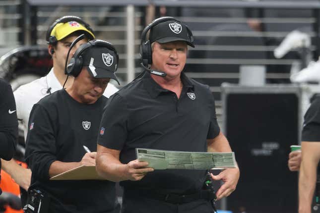 Head coach Jon Gruden of the Las Vegas Raiders during the NFL game at Allegiant Stadium on September 26, 2021 in Las Vegas, Nevada. The Raiders defeated the Dolphins 31-28 in overtime. 