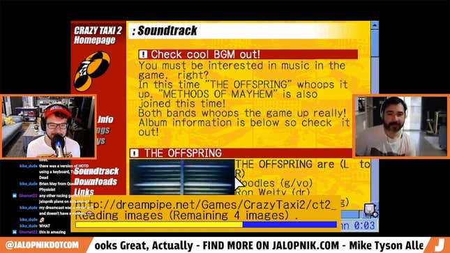Screenshot of Jalopnik Twitch stream  showing the Crazy Taxi 2 website