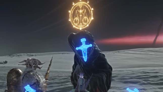 Player characters chat with the Scale-Bearing Merchant.