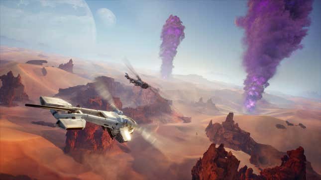A pair of Ornithopters flying over Arrakis in Dune Awakening.