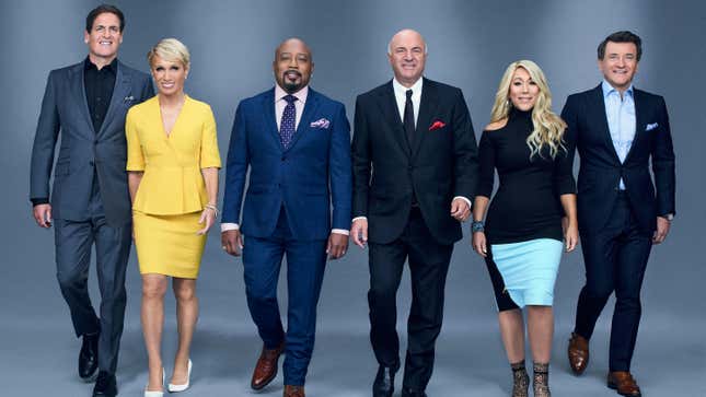 Mark Cuban, Barbara Corcoran, Daymond John, Kevin O’Leary, Lori Greiner, and Robert Herjavec pose at a photoshoot for ABC's Shark Tank