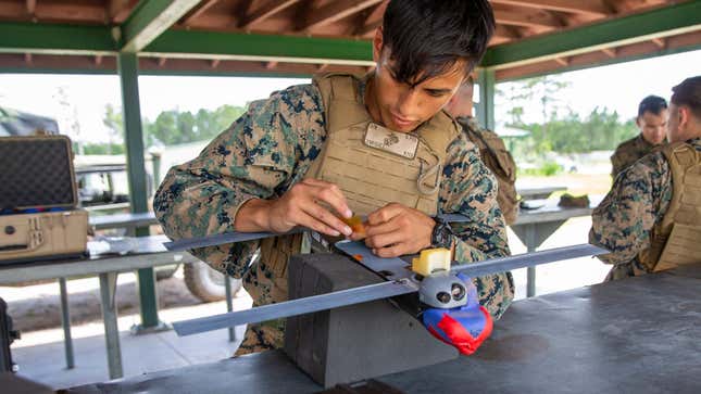 While the specs are still classified, the Phoenix Ghost is supposed to be similar to the Switchblade drone, seen here being prepared for launch during a training exercise at Camp Lejeune, North Carolina on July 7, 2021.
