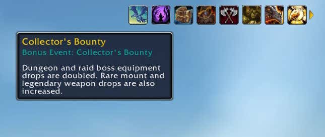 A screenshot shows the Collector's Bounty buff.
