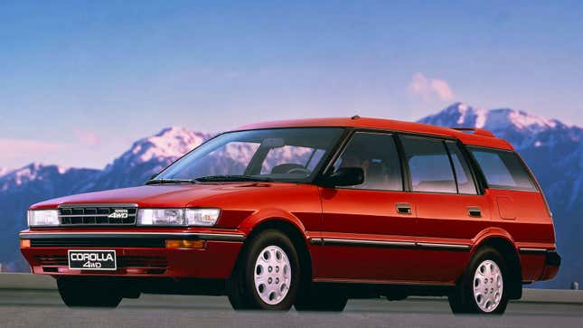 A photo of a red Toyota Corolla wagon. 