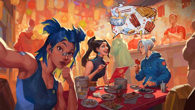 Valorant-Kunst zeigt mehrere weibliche Charaktere, die zusammen in einem Restaurant essen.
