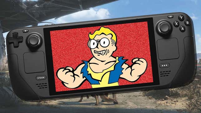 An image shows an angry vault boy on a Steam Deck screen. 
