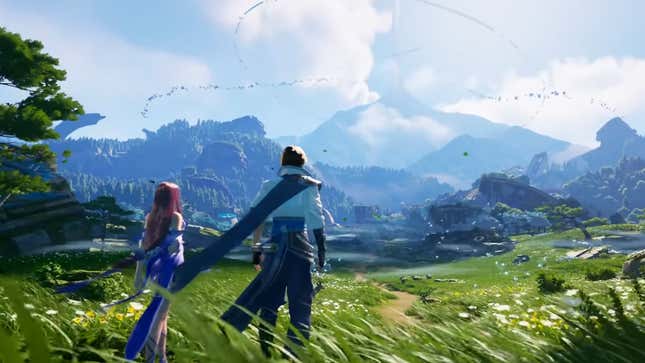 A screenshot from the trailer of a man and a woman overlooking a grassy plain and hills.