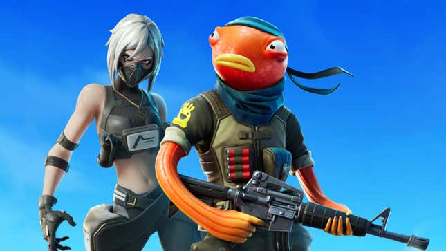 A cool-looking lady stands next to a fish person wielding an assault rifle.