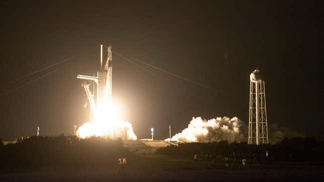 A SpaceX Falcon 9 rocket carrying the company’s Crew Dragon spacecraft is launched on NASAs SpaceX Crew-2 mission to the International Space Station.